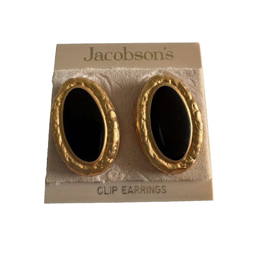 Vintage Black Gold Tone Etched Clip On Earrings Large Bold Oval Retro Classic